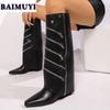Women Pointed Toe High Boots Designer Goth Shoes Wedges Heels Zipper Leather Punk 2025 Trend Woman Winter Snow Botas Mujer Pumps