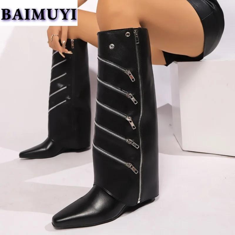 Women Pointed Toe High Boots Designer Goth Shoes Wedges Heels Zipper Leather Punk 2025 Trend Woman Winter Snow Botas Mujer Pumps