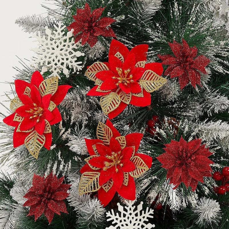 5/1Pcs Christmas Glitter Artificial Flowers DIY Christmas Tree Hanging Ornaments Fake Flower For Xmas New Year Party Decor Gifts