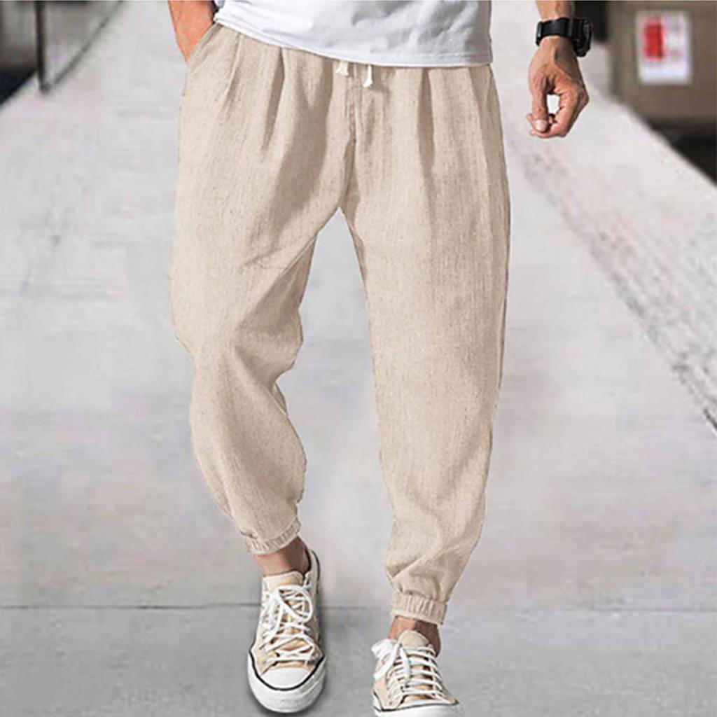 Men's Linen-Cotton Casual Trousers - Elastic Waist Drawstring, Breathable, Ankle-Cuffed Solid Color Pants