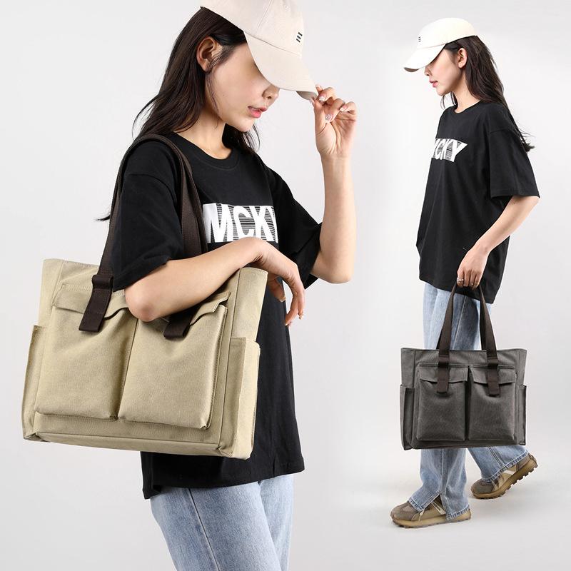 High-grade Canvas Briefcase, Large Capacity Ladies Fashion Handbag, Multi-pocket Versatile Shoulder Bag, Outing Commuter Bag