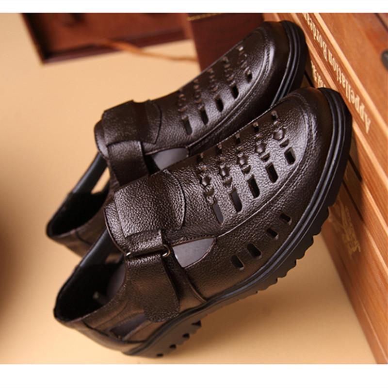 High Quality Genuine Leather Men Summer Sandals Men Casual Shoes Hook & Loop Breathable Middle-aged Footwear Hollow Men Sandals