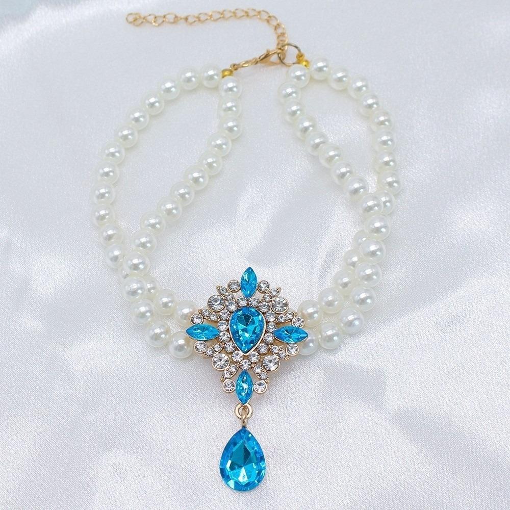 Cute Double Layer Pet Pearl Necklace Vintage Adjustable Cat Neck Chain Glamorous Crystal Cat Pearl Collar Pet Show
