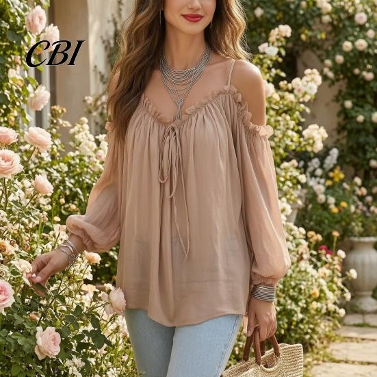 Comfortable Loose Cut Tops Women Tops, Fit Puff Long Sleeve Shirt, Sling Off Shoulder Pullover Lightweight Casual Shirt Pure Color Blouse for