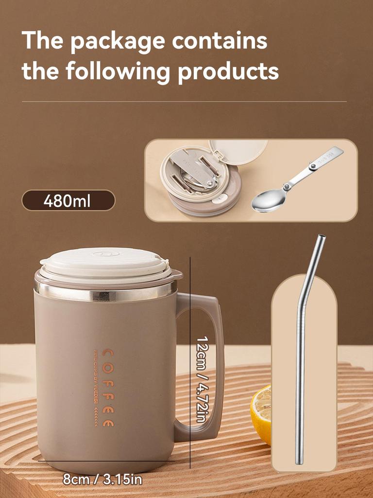 Double-layer Coffee Cup With Spoon&Straw Milk Coffee Mug Portable Insulated Anti Scalding 304 Stainless Steel Water Cup