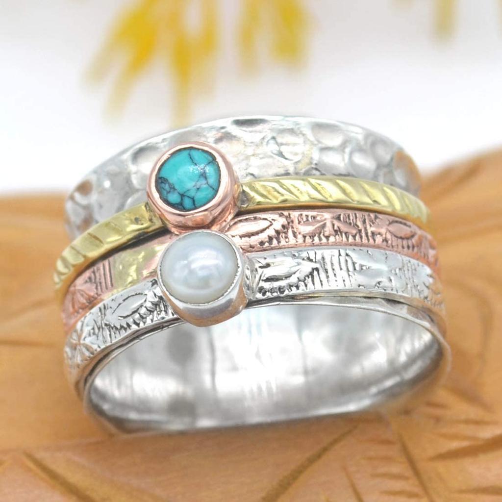 Pearl & Turquoise Ring, Spinner Ring, Handmade Ring, Meditation Ring, Gift For Her, Anniversary Gift, Solid Ring