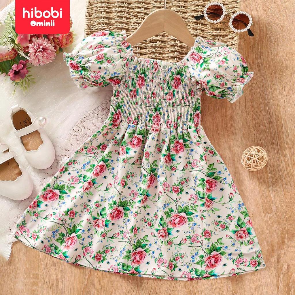 Hibobi Розовое платье принцессы с цветочным принтом для девочек в романтическом стиле отпуска с пышными рукавами и гофрированными рукавами на лето