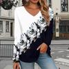 Begonia Flower Print Women Tshirts Ladies Tops Long Sleeve V-neck Pullover Femme T-shirts T Shirt For Women