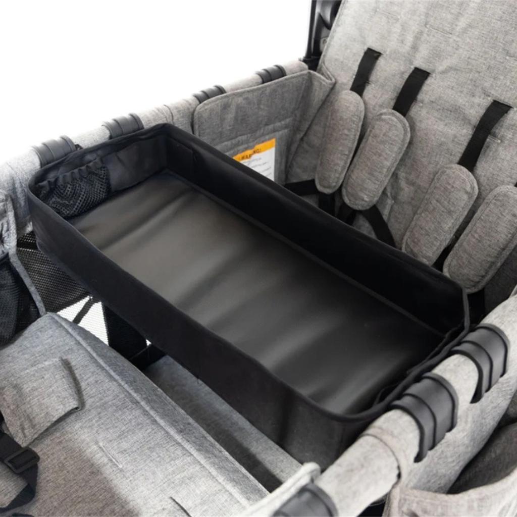 Double Sided Stroller Tray for Snacks & Activities Featuring Faux Leather Side for Eating, Polyester Side for Activities