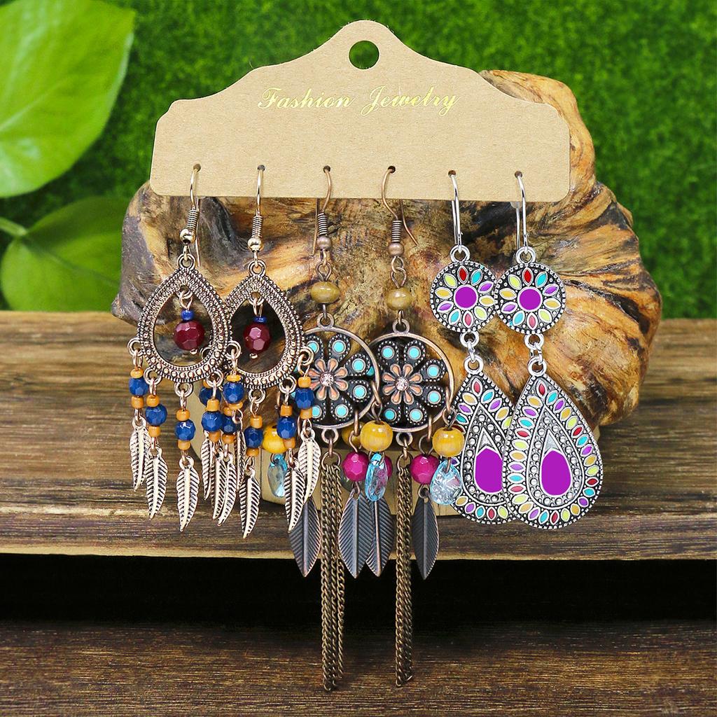 Bohemian Long Chain Handmade Dangling Earrings, Tassel Earrings, Colorful Flowers, Vintage Earrings, Court Earrings Set