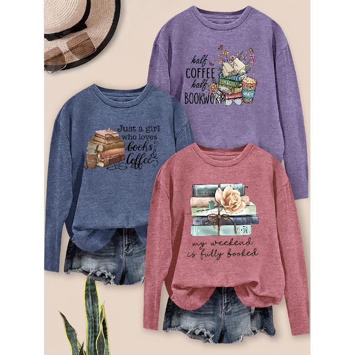 Elegant women's clothing gift with printed coffee and book themed pattern, round neck, suitable for spring, summer, autumn, and winter3Set of