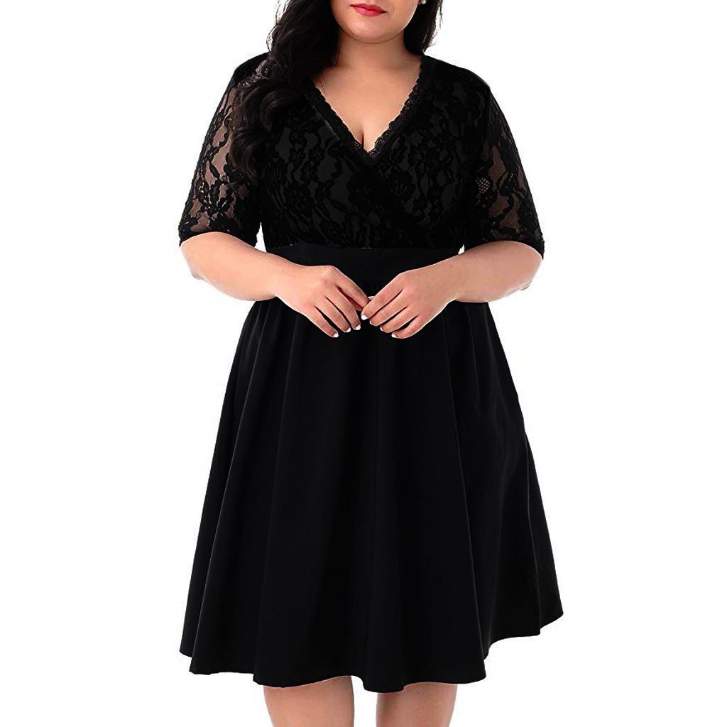 Women Plus Size V-neck Short Sleeve Sexy Lace Stitching Waist Evening Dress