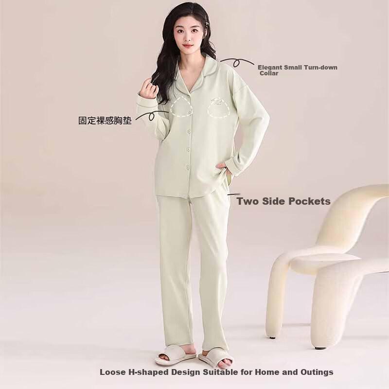 LangSha Women's Pajamas with Chest Pads, Spring And Summer Antibacterial 100% Cotton Lapel Cardigan Plus Size Loungewear Suitable for Outdoor Wear Set