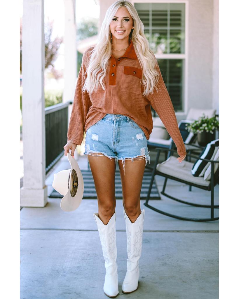 Azura Exchange Button Contrast Trim Waffle Knit Top