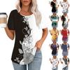 Women's Fashionable Casual Pleated Round Neck Printed Short Sleeved T-shirt Top
