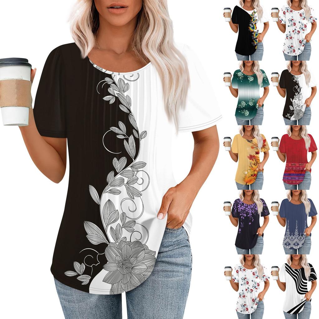 Женская модная повседневная плиссированная футболка с короткими рукавами и круглым вырезом с принтом