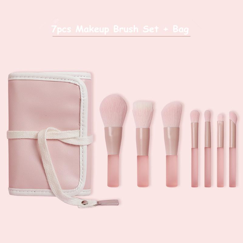 7pcs/10pcs Pink Handle Travel Makeup Brushes Synthetic Foundation Powder Eye Shadows Mini Makeup Brush Set with Brush Bag