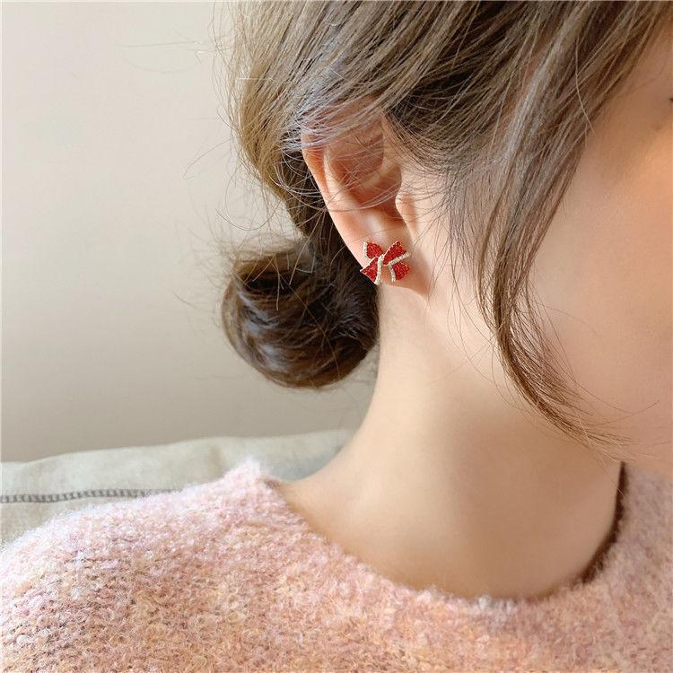 111 silver needle red rhinestone bow earrings, new trendy design high-end stud earrings Internet celebrity earrings