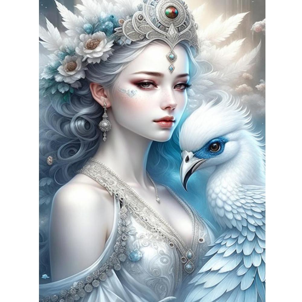 White Peacock and Girl 5D Full Round Diamond Painting Kits Zen Art Buddhist Sculpture DIY Drills Mosaic Embroidery Cross-stitch J3954