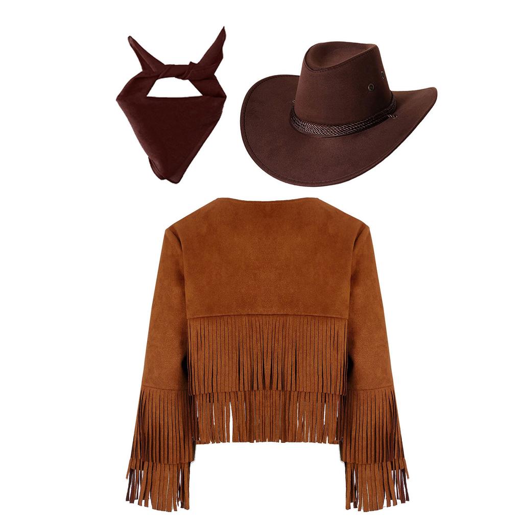 3Pcs Cowboy Costume for Kids Unisex, Fringe Vest Set with Hat & Bandana, Western Cowgirl Halloween Dress Up Outfit
