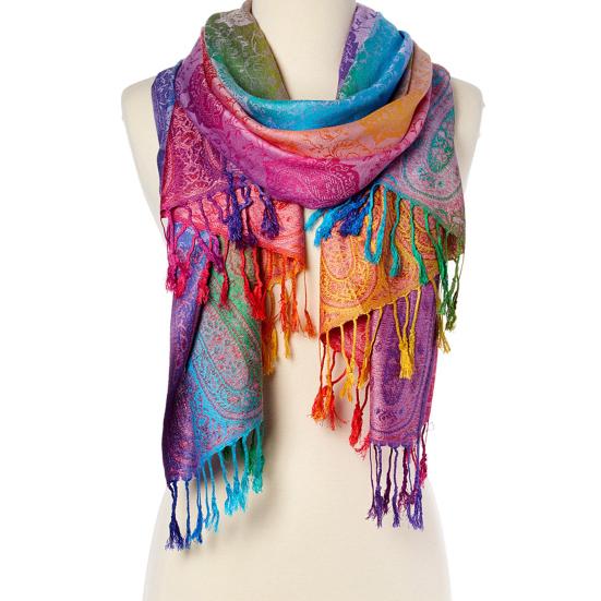 Imitation Wool Shawl Rainbow Color Art Printing Wrap Scarf with Tassels Women Poncho Shawl Blanket Scarf