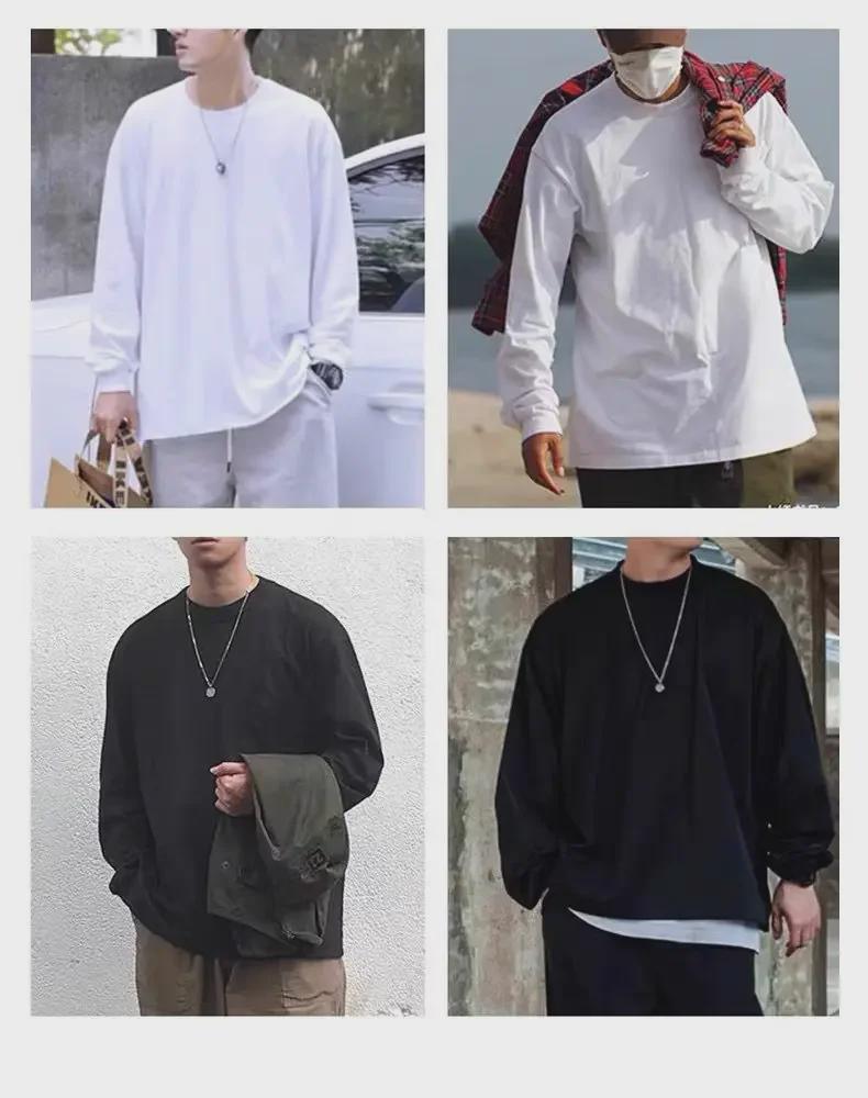 Футболка унисекс из плотного хлопка с длинным рукавом, однотонная: Непрозрачный, свободный крой, небольшой воротник, идеально подходит для весны и осени.