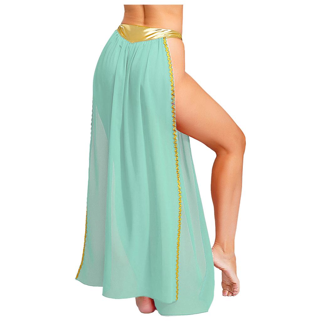 Womens Ancient Queen Costume Briefs Chiffon Skirt Metallic Shiny Side Slit Gold Trims Halloween Outfit