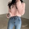 Ladies Autumn Winter Long Sleeve V Neck Solid Color Knitted Plush Blouse Sweater Top