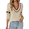 Women Long Sleeve V Neck Sweater Apricot Stripe Ribbed Knit Basic Cropped Casual Relaxed Fit Pullover Jumper