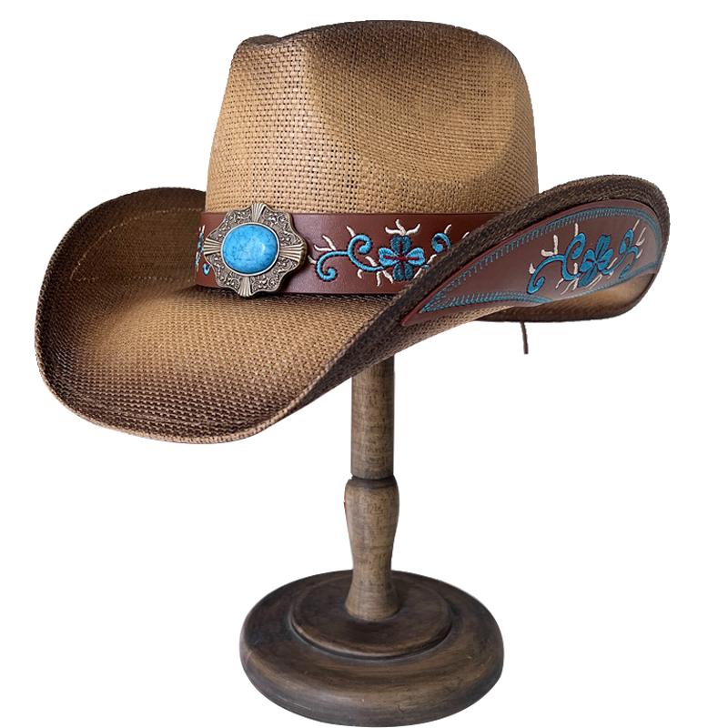 Three-dimensional Embroidery Handmade Straw Hat Western Cowboy Hat Men Cap Outdoor Women Hat Light Luxury