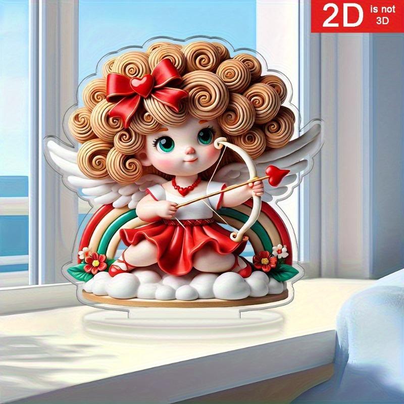 2D Flat Bohemian Grids Heart-Shaped Wings Angel Statue and Cupid's Arrow Acrylic Desk Decor Plaque, Suitable for wall decoration, porch, room, villa,