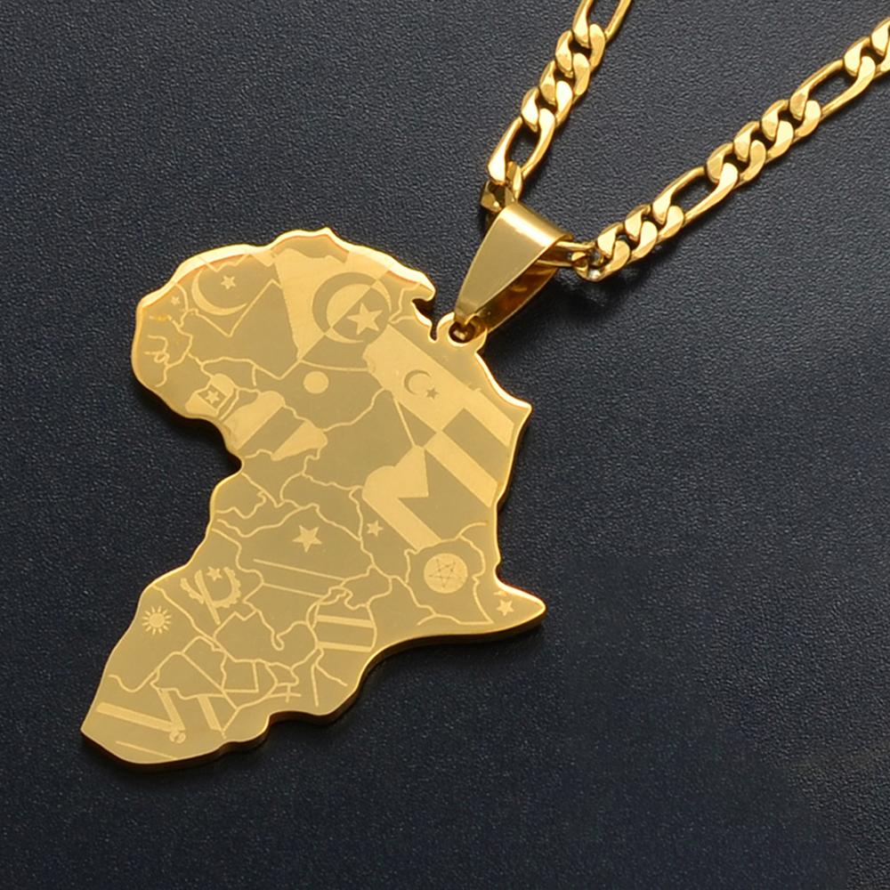 Anniyo Silver Color/Gold Color Africa Map With Flag Pendant Chain Necklaces African Maps Jewelry for Women Men #035321P