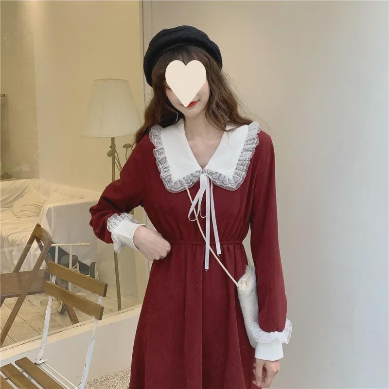 Women's Red French Hepburn-Style Slim Waist Long Sleeve Dress for Fall & Winter
