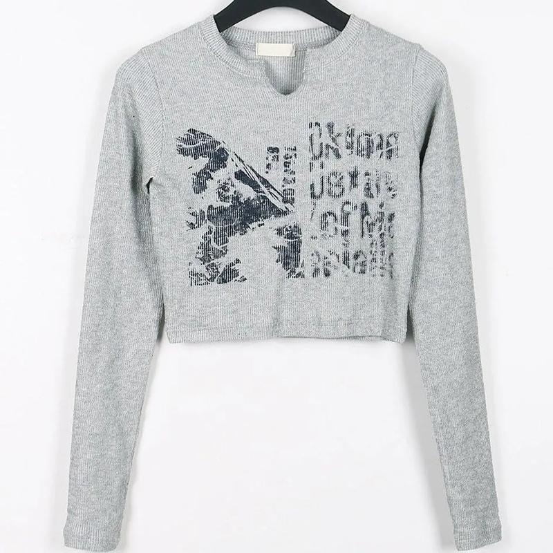 Ретро Harajuku гранж-футболки с графическим принтом и длинными рукавами, укороченные топы, шикарные женские винтажные облегающие корейские футболки