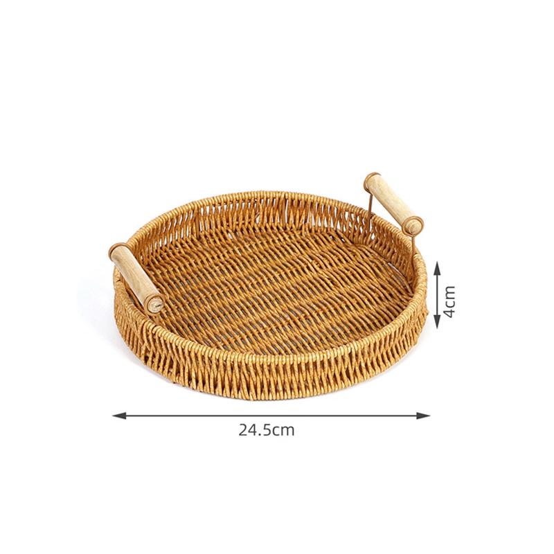 Storage Tray Round Rattan Woven Tray Fruit Breakfast Tea Storage Basket Desktop Sundries Organizer Bread Plates With Wood Handle