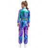 Unisex Kids Metallic Jacket Turn Down Collar Long Sleeve Outwear with Shiny Pants Dance Set