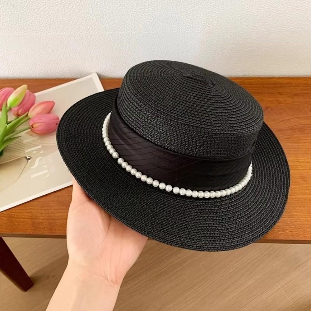 New French Hepburn Style Straw Hat Solid Color UV Protection Pearl Chain Hat Breathable Straw Weaving Flat Sun Hat Beach Wear