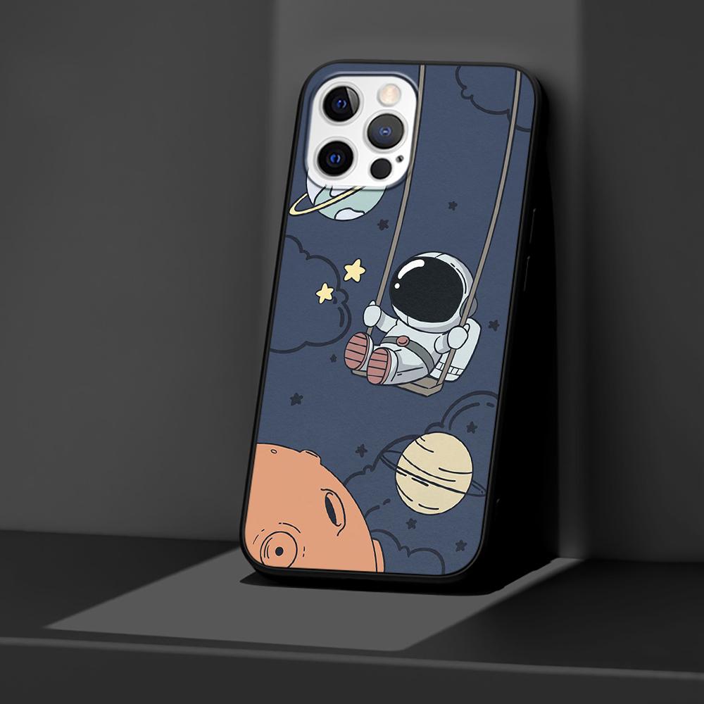 Чехол с милым астронавтом с рисунком для Apple iPhone 14 11 13 12 Pro Max XR 7 8 + SE 2020 XS 6 6s Plus 5 5S, черный силиконовый чехол для телефона