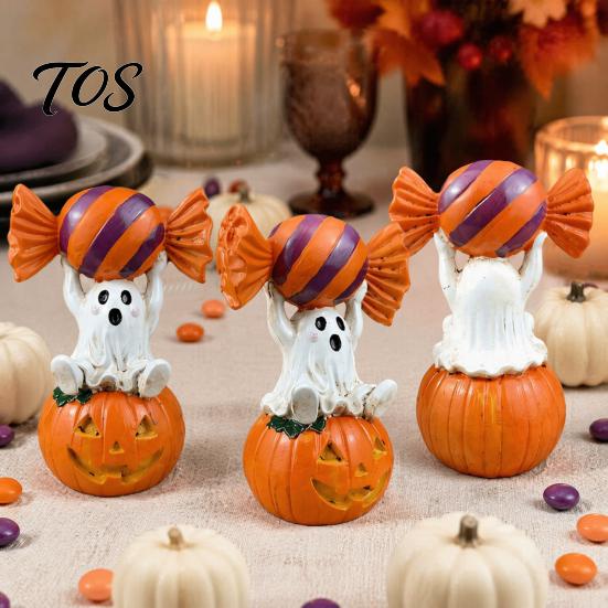 Dark Sweet Room Decor Halloween Ghost Figurine, Cute Sitting on Pumpkin Holding Candy Unique Home Collection Statue, Spooky Resin Table Ornament