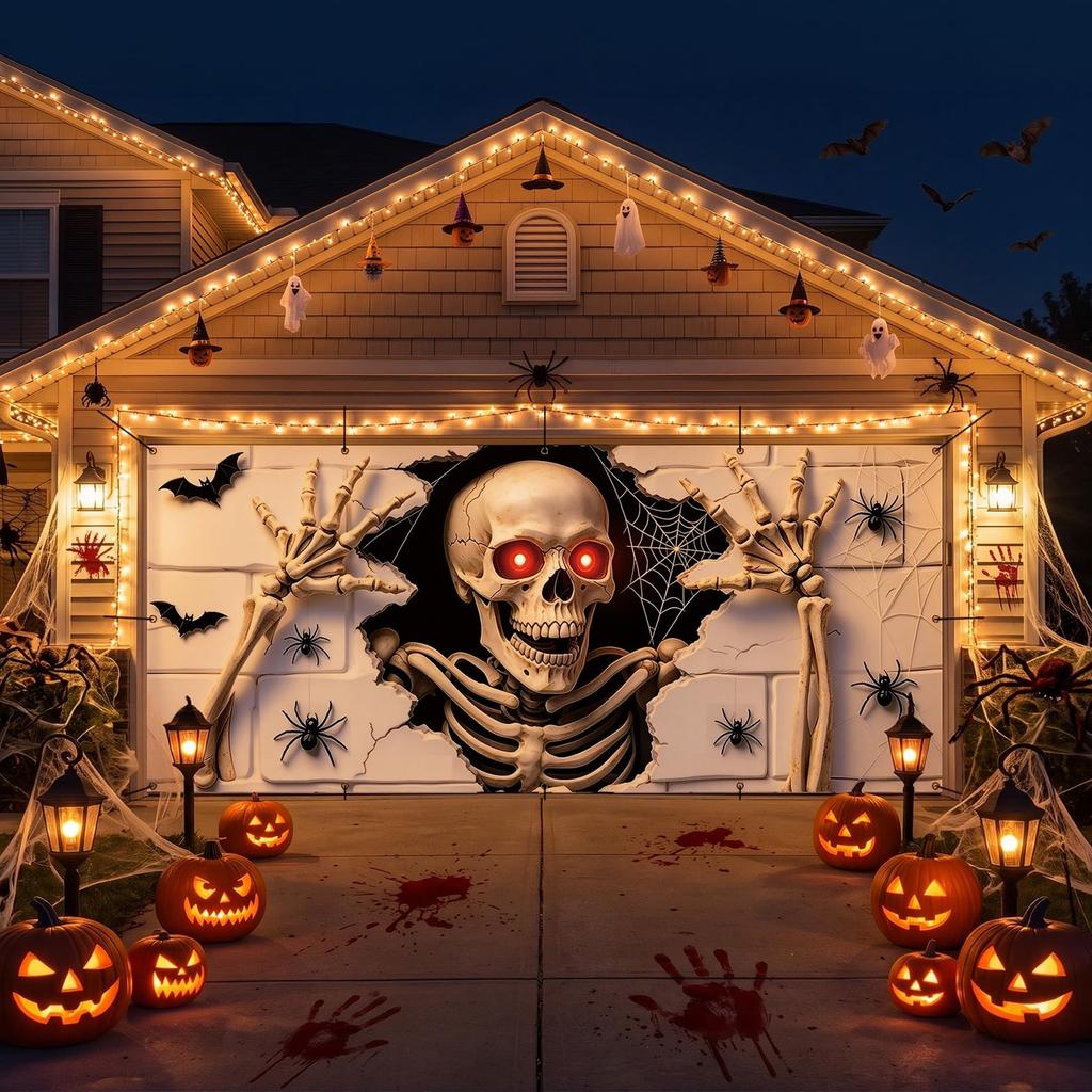 Halloween Garage Door Cover 7 x 16 FT, Creepy Skeleton Banner