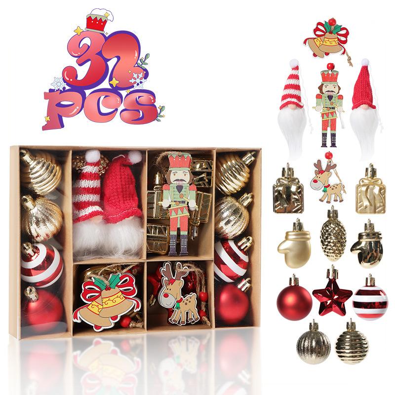 32pcs/set Christmas Tree Ornaments Set Electroplated Painted Hanging Decor for Xmas Birthday Wood Fabric PS Holiday Decoration