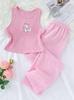 Girls Pajama Set, Sleeveless Cat Print Tank Top & Plaid Pants, Soft Ribbed Loungewear Sleepwear for Kids 8-12 Years