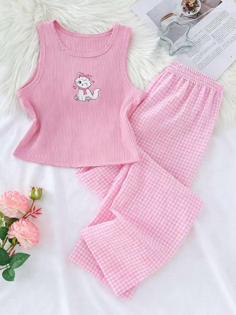 Girls Pajama Set, Sleeveless Cat Print Tank Top & Plaid Pants, Soft Ribbed Loungewear Sleepwear for Kids 8-12 Years