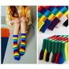 6 пар зимних носков унисекс с разноцветными радужными полосками, средней длины, эластичные, сохраняющие тепло, нескользящие, толстые, для пар, повседневные спортивные носки