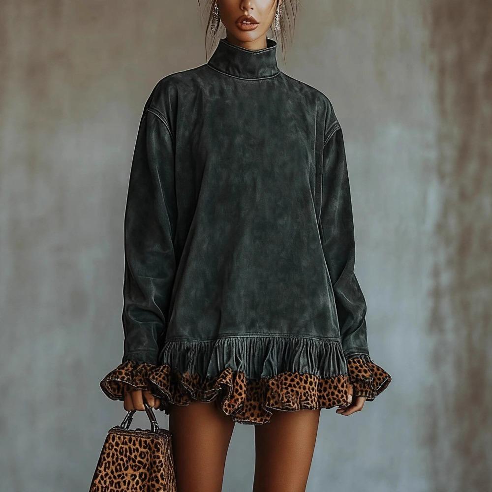Женское мини-платье с водолазкой и длинным рукавом, свободного кроя, средней посадки, уличный стиль, платье с леопардовым принтом и оборками по подолу