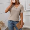 Knitted Pit Stripe V-neck Button Top Short Sleeved Women's T-shirts