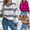 Autumn Winter V-neck Contrasting Color Striped Lantern Long-sleeved Pullover Sweater Women's Wear