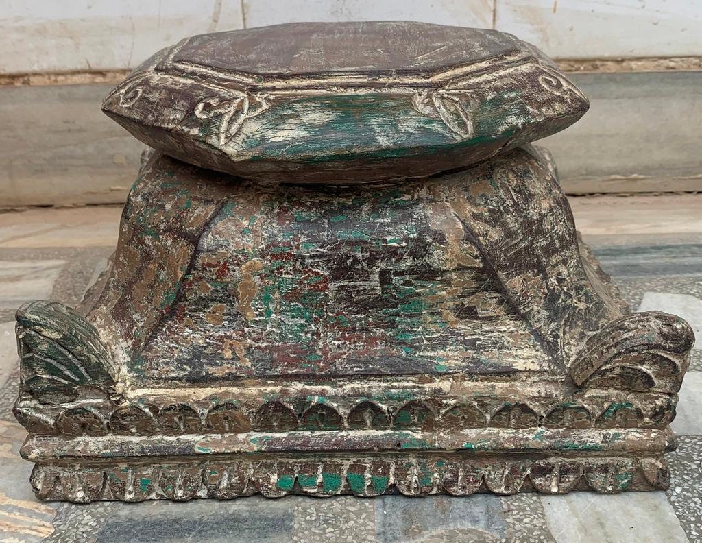 Indian Carved Wood Shelf Bracket: Antique Distressed Painted Panel