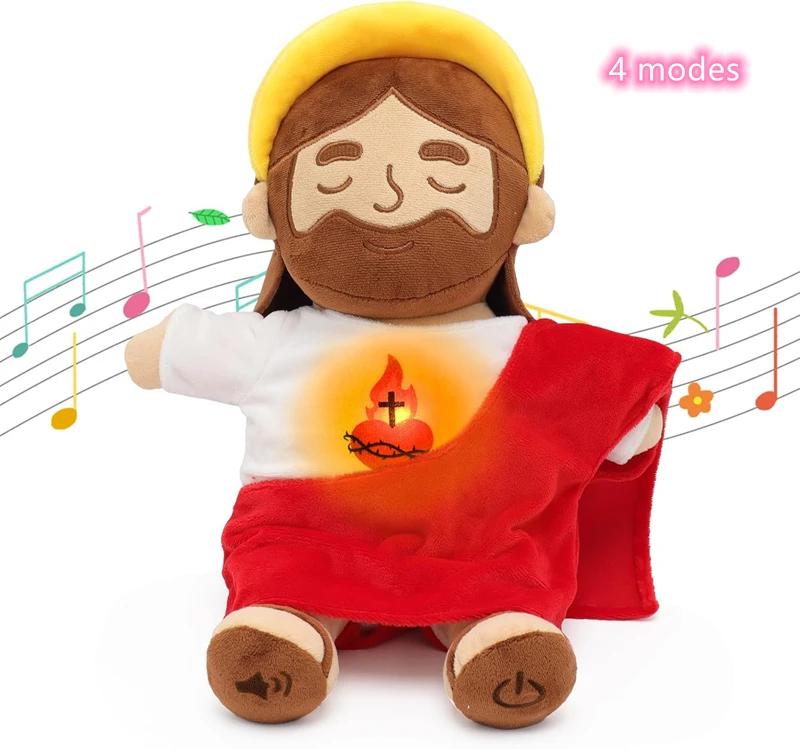 Breathing Jesus Plush Toy with 4 Modes Soft Sacred Heart Comfort Stuffed Animal Calming Gift for Kids Easter Christmas