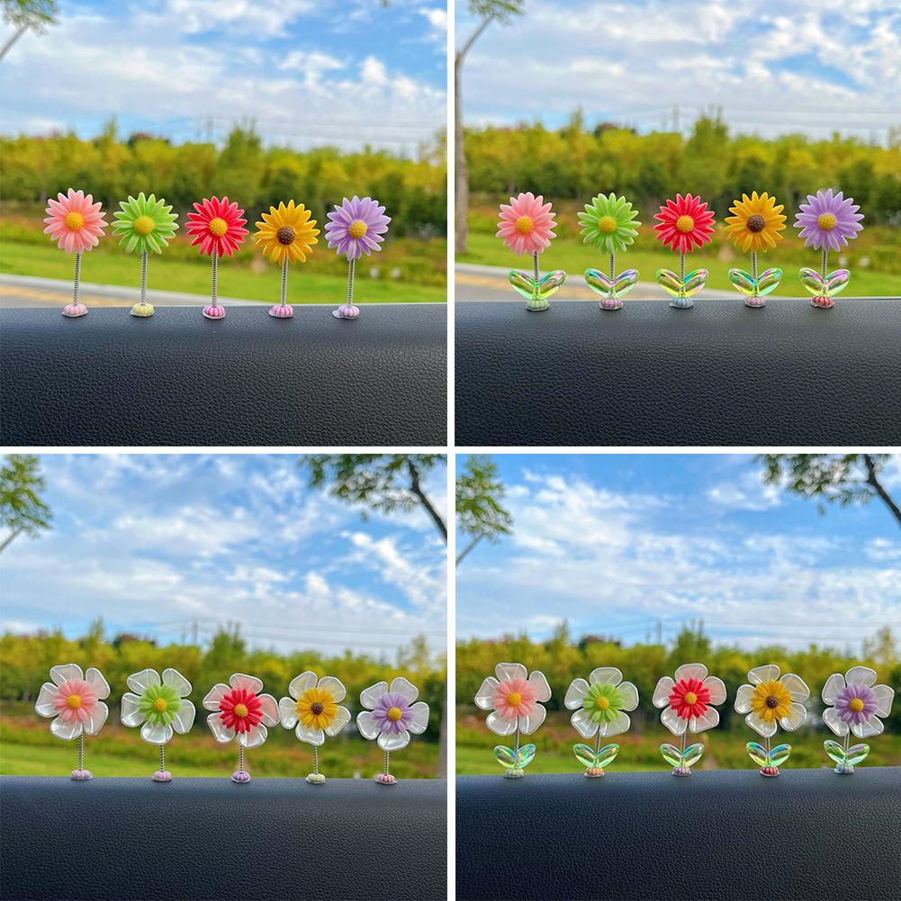 5Pcs Cartoon Car Interior Shaking Head Sunflowers Ornament Decoration with Spring Shake Head Decor Double-sided Tape